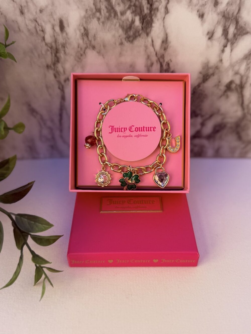 Juicy Couture Charm Bracelet Clover Horseshoe Gold Tone Lucky Charm Gift Box